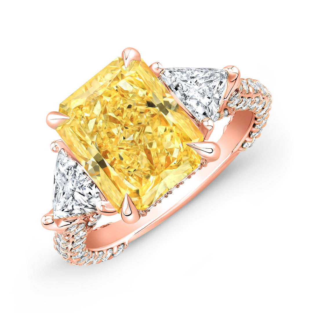 5.30 Ctw Fancy Light Yellow Radiant Cut & Trillion Hidden Halo Micro Pave Ring VS1 GIA