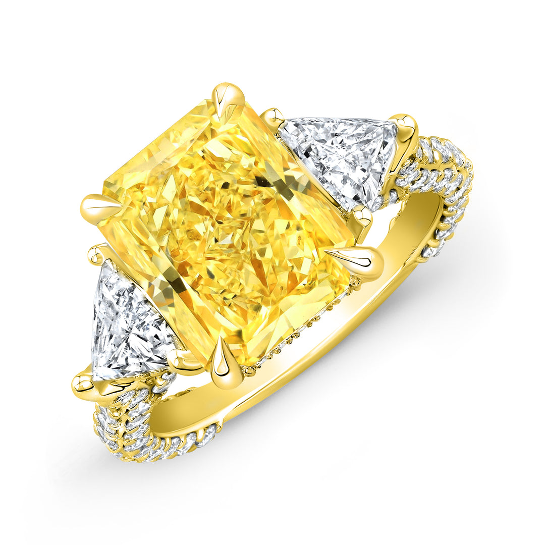 5.30 Ctw Fancy Light Yellow Radiant Cut & Trillion Hidden Halo Micro Pave Ring VS1 GIA