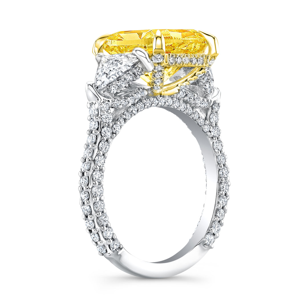 5.30 Ctw Fancy Light Yellow Radiant Cut & Trillion Hidden Halo Micro Pave Ring VS1 GIA