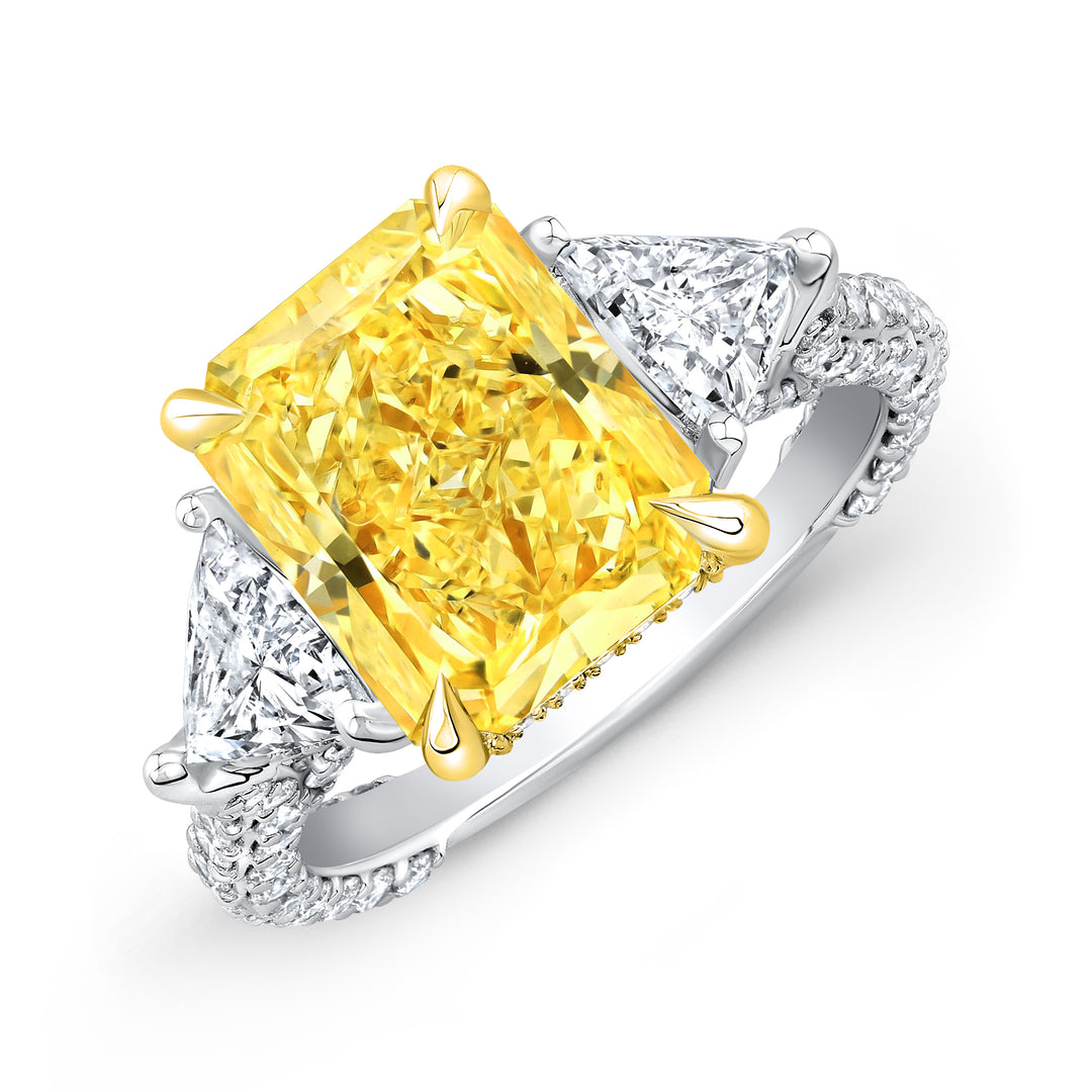 5.30 Ctw Fancy Light Yellow Radiant Cut & Trillion Hidden Halo Micro Pave Ring VS1 GIA