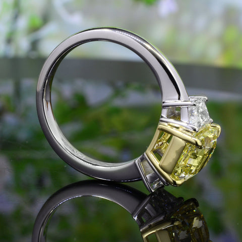 Elongated Canary Yellow Radiant & Trapezoids 3 Stone Ring Side Profile