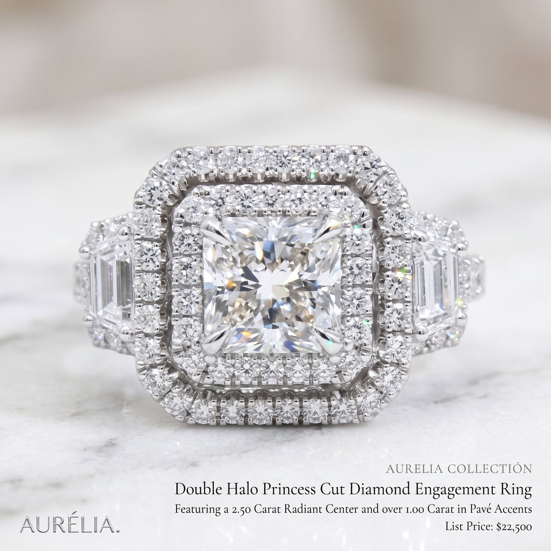 2.70 Ctw Dual Halo Square Radiant & Trapezoids Ring G Color VS1 GIA Certified