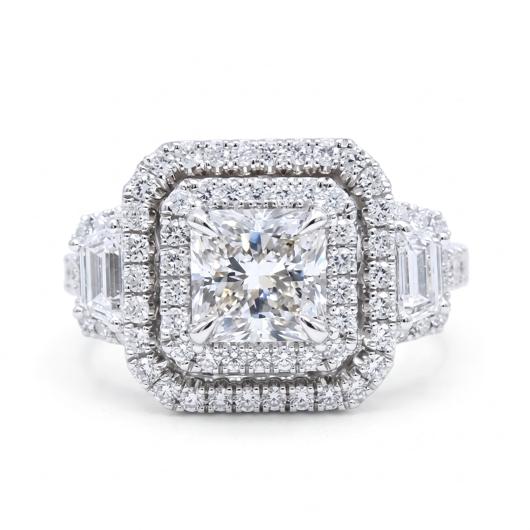 Dual Halo Square Radiant & Trapezoids Ring