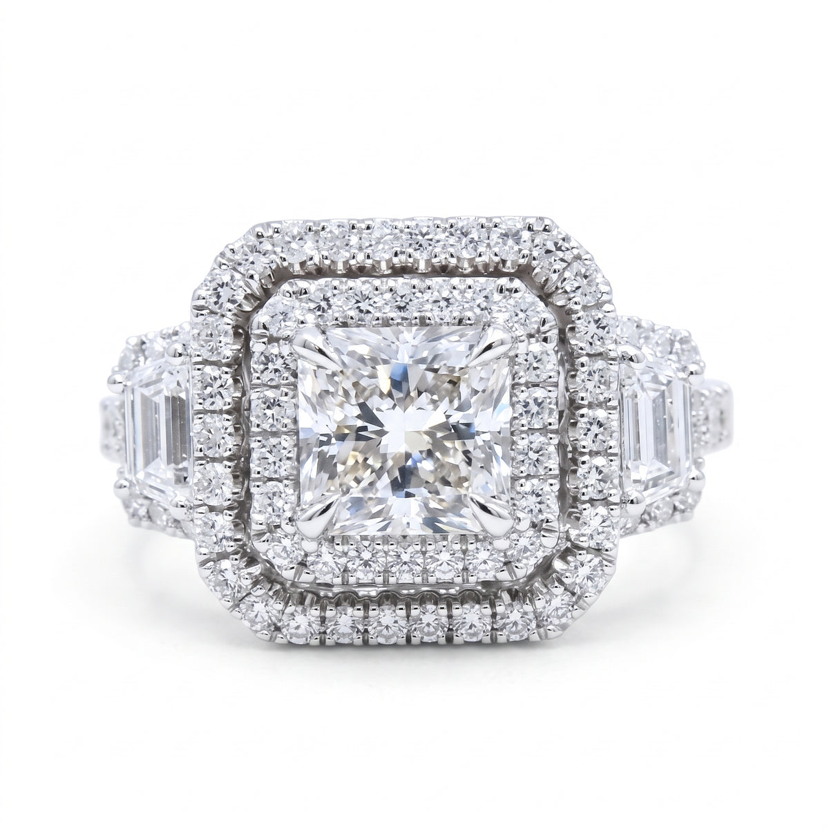 Dual halo square radiant & trapezoids ring