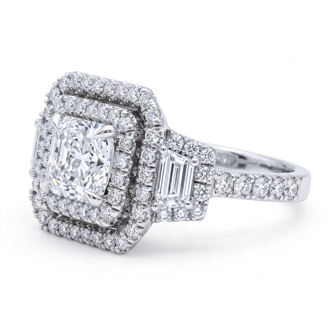 2.70 Ctw Dual Halo Square Radiant & Trapezoids Ring G Color VS1 GIA Certified