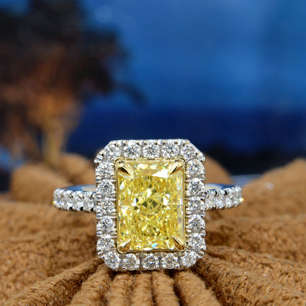 2.40 Ctw Halo Fancy Intense Yellow Elongated Radiant Cut Eternity Ring VS1 GIA