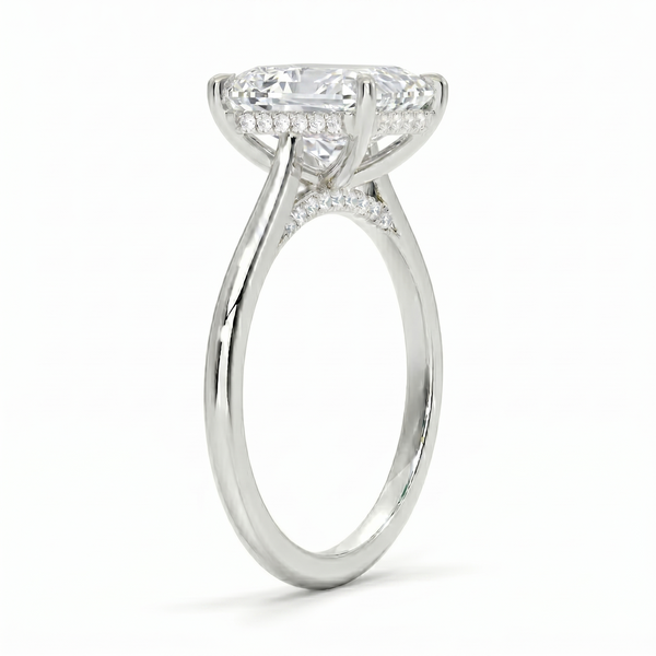 Radiant cut center diamond hidden halo ring in white gold side profile