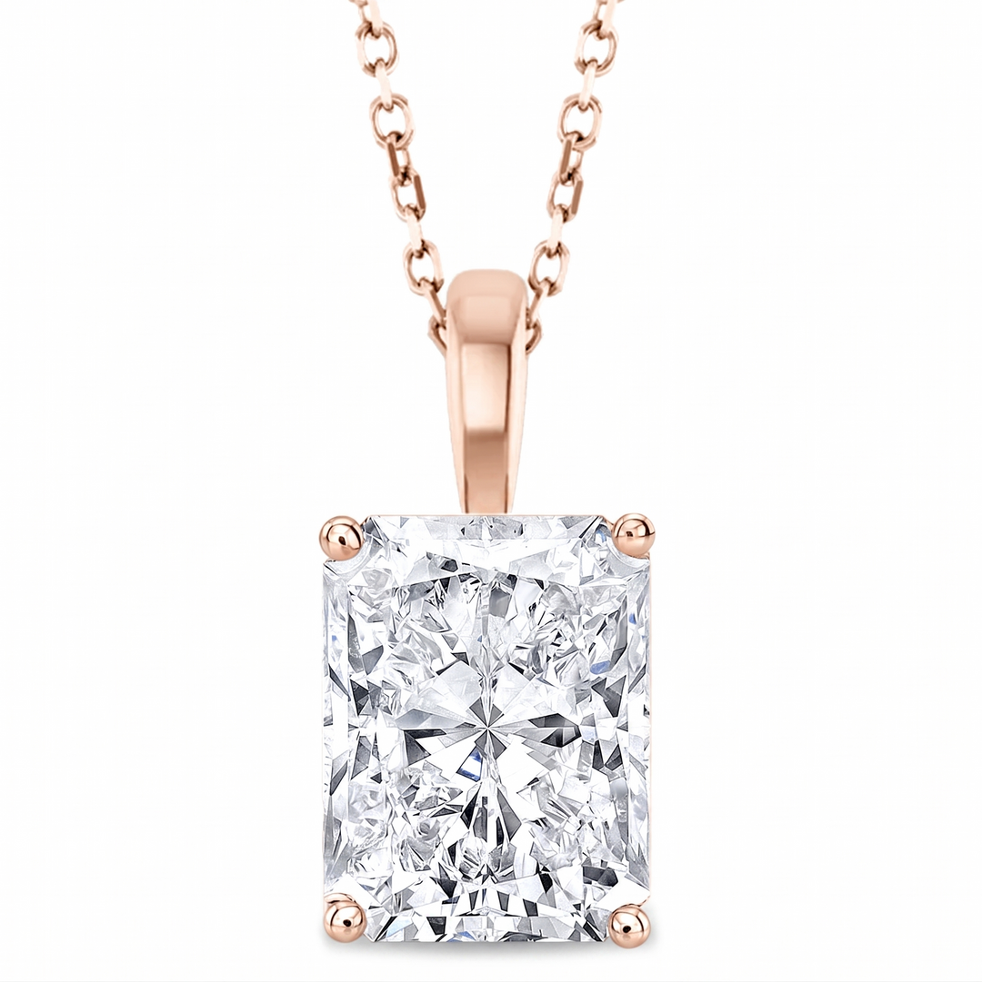 Radiant cut diamond Solitaire Pendant with chain in rose gold front view