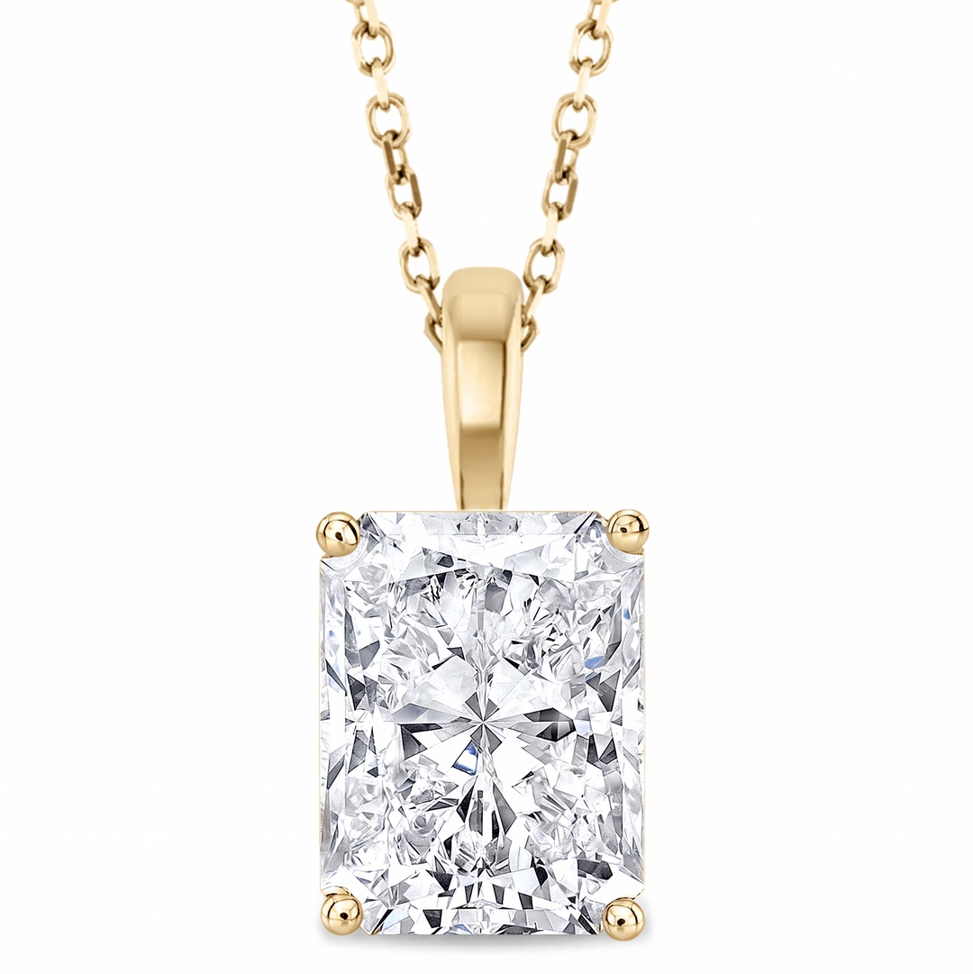 Radiant cut diamond Solitaire Pendant with chain in yellow gold front view