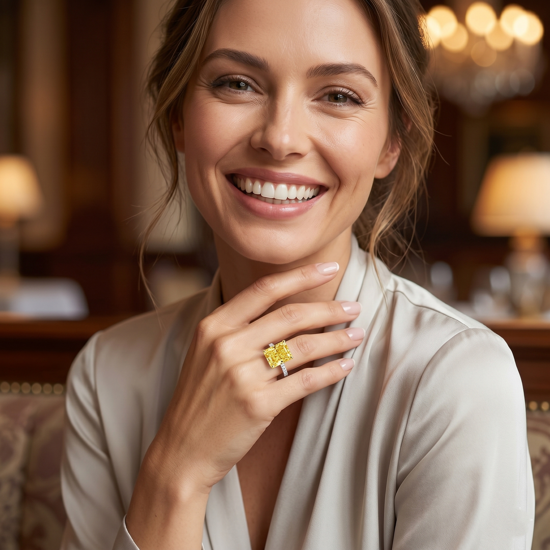 Radiant cut Yellow diamond ring in white gold on hand model