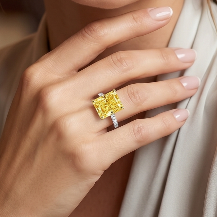 Lab Grown Rectangular Yellow Radiant Cut Hidden Halo Diamond Ring VVS2 IGI 7.50 Ctw