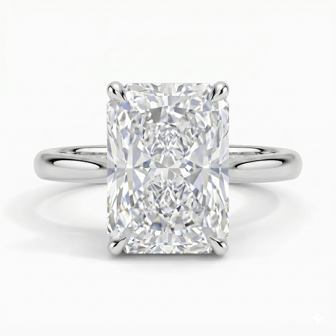 Radiant cut hidden halo ring in white gold 
