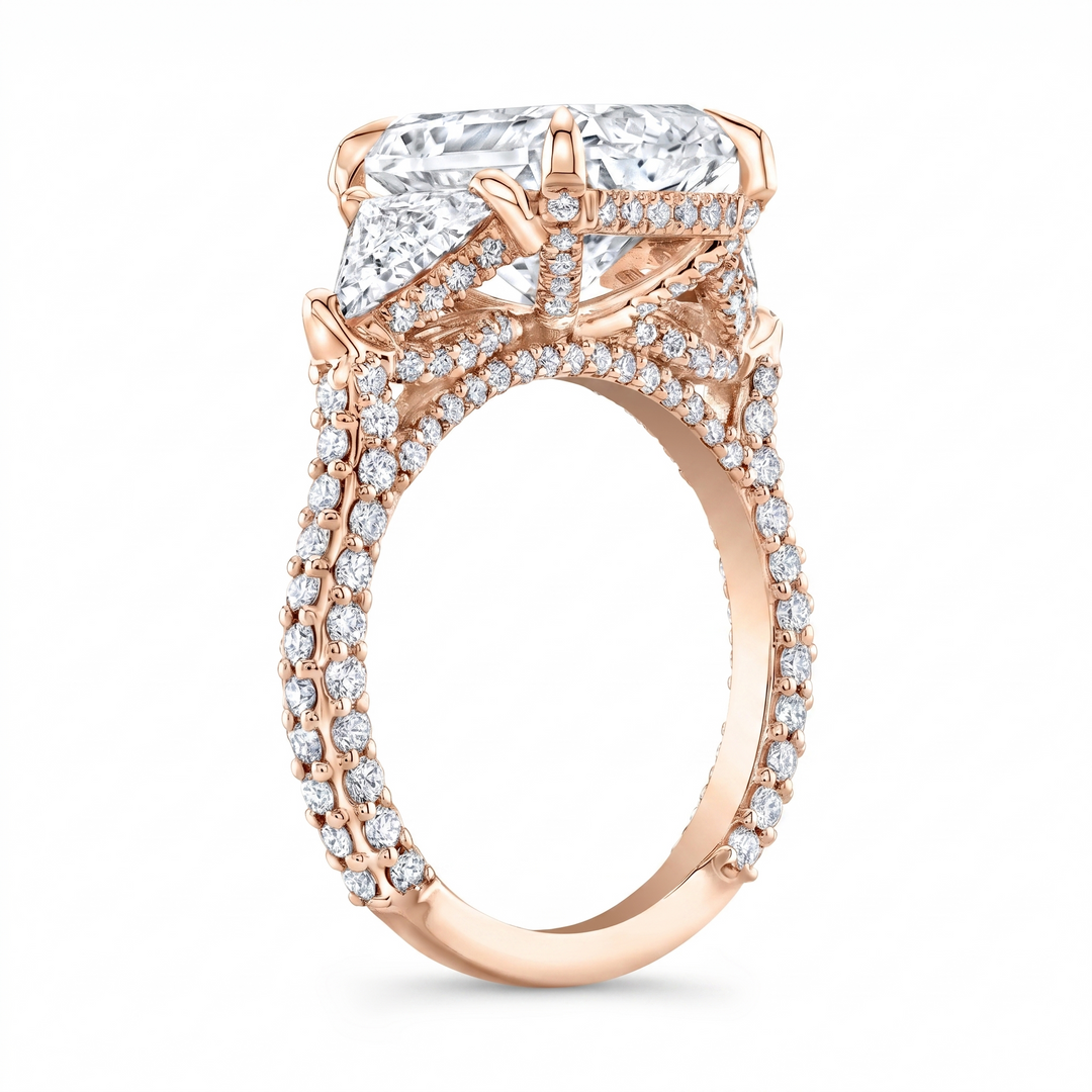 Radiant cut with trillion 3 row pave ring in rose gold side view