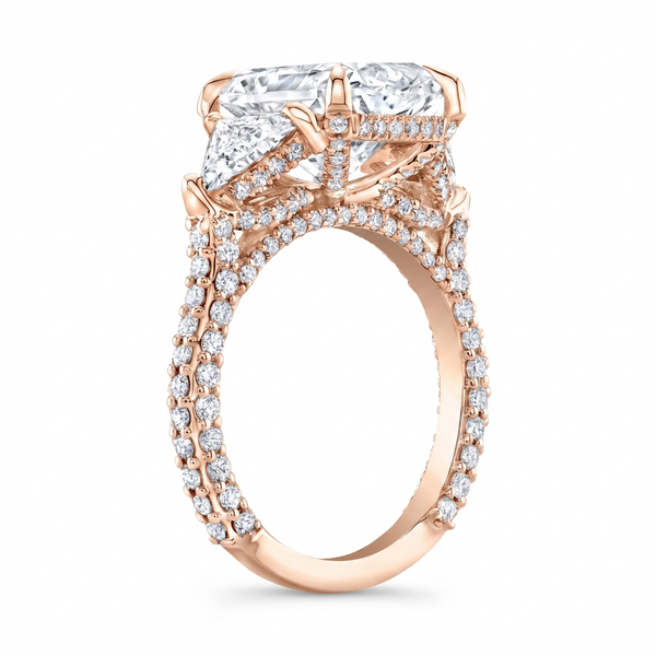 Radiant cut with trillion 3 row pave ring in rose gold side view