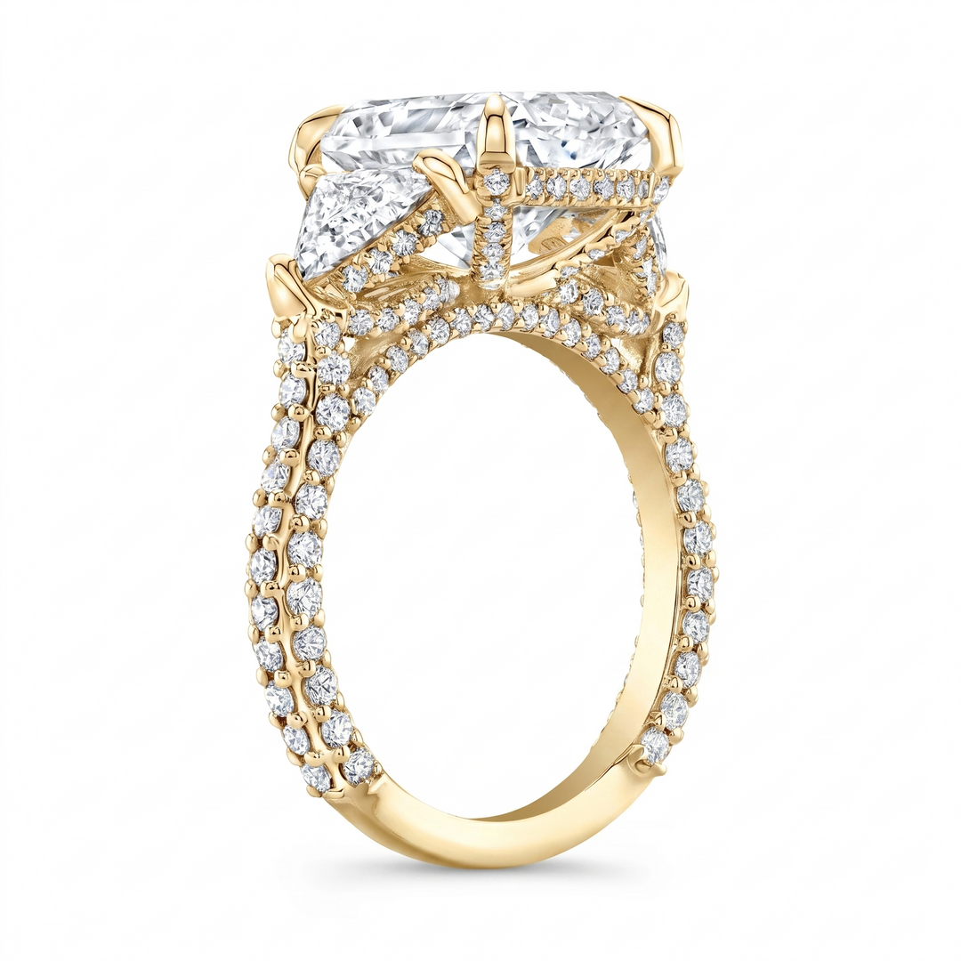 Radiant cut with trillion 3 row pave ring in yellow gold side view