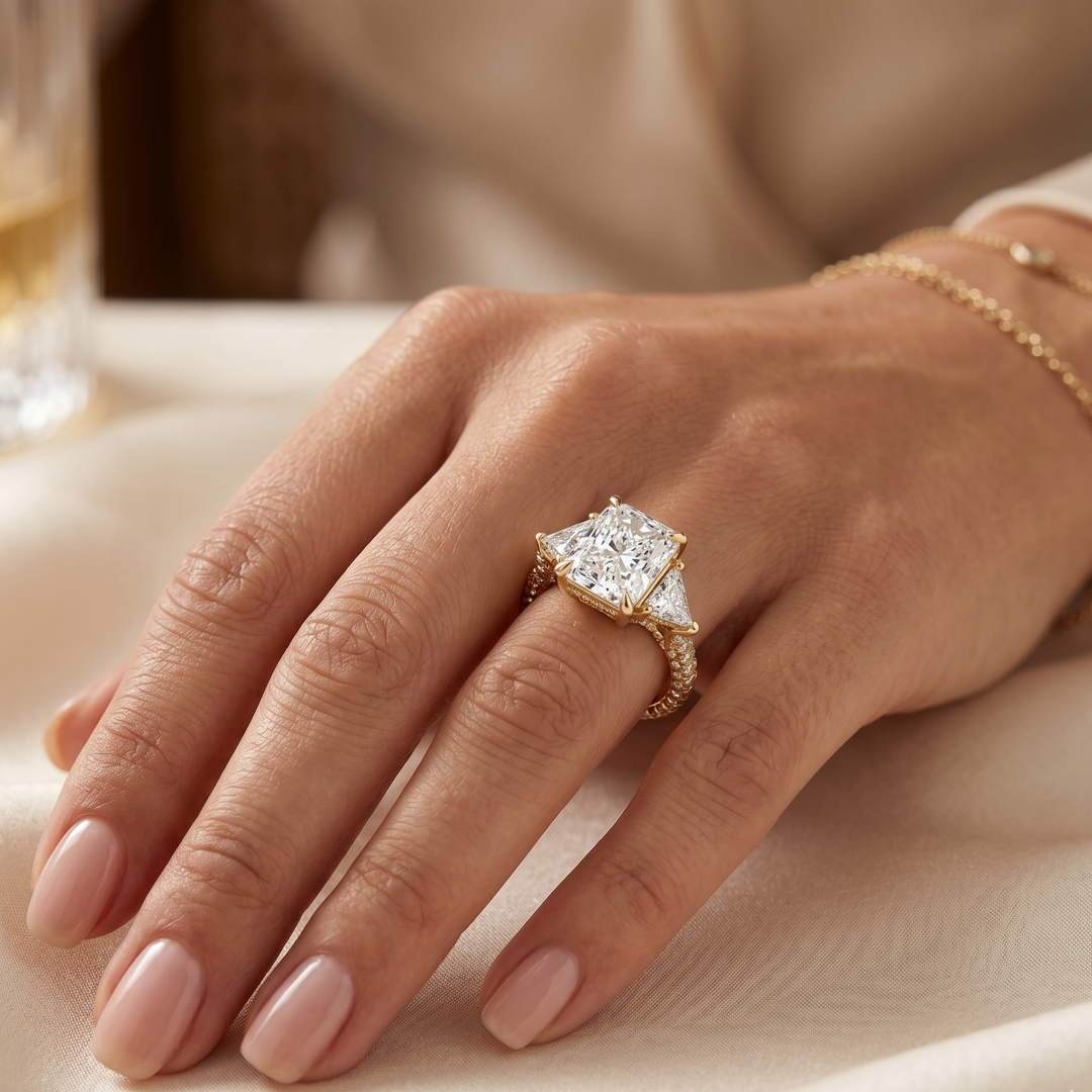 Radiant cut with trillion 3 row pave ring in yellow gold on model's ring finger