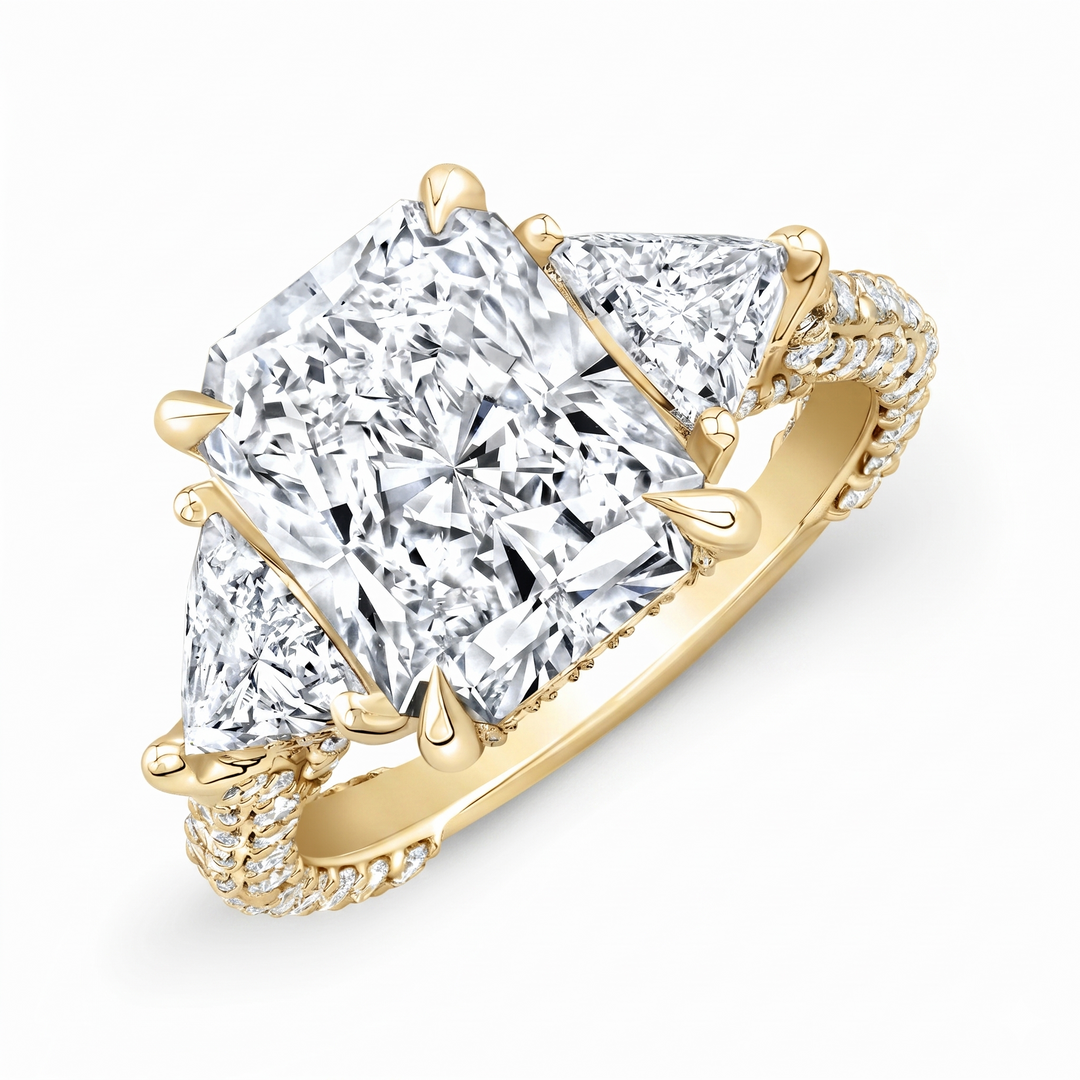 Radiant cut with trillion 3 row pave ring in yellow gold top view