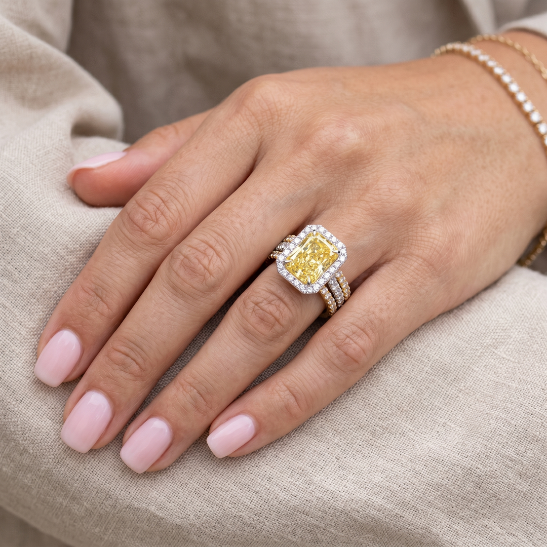 Lab Grown Yellow Radiant Cut Diamond 3-Row Halo Ring VVS2 IGI Certified