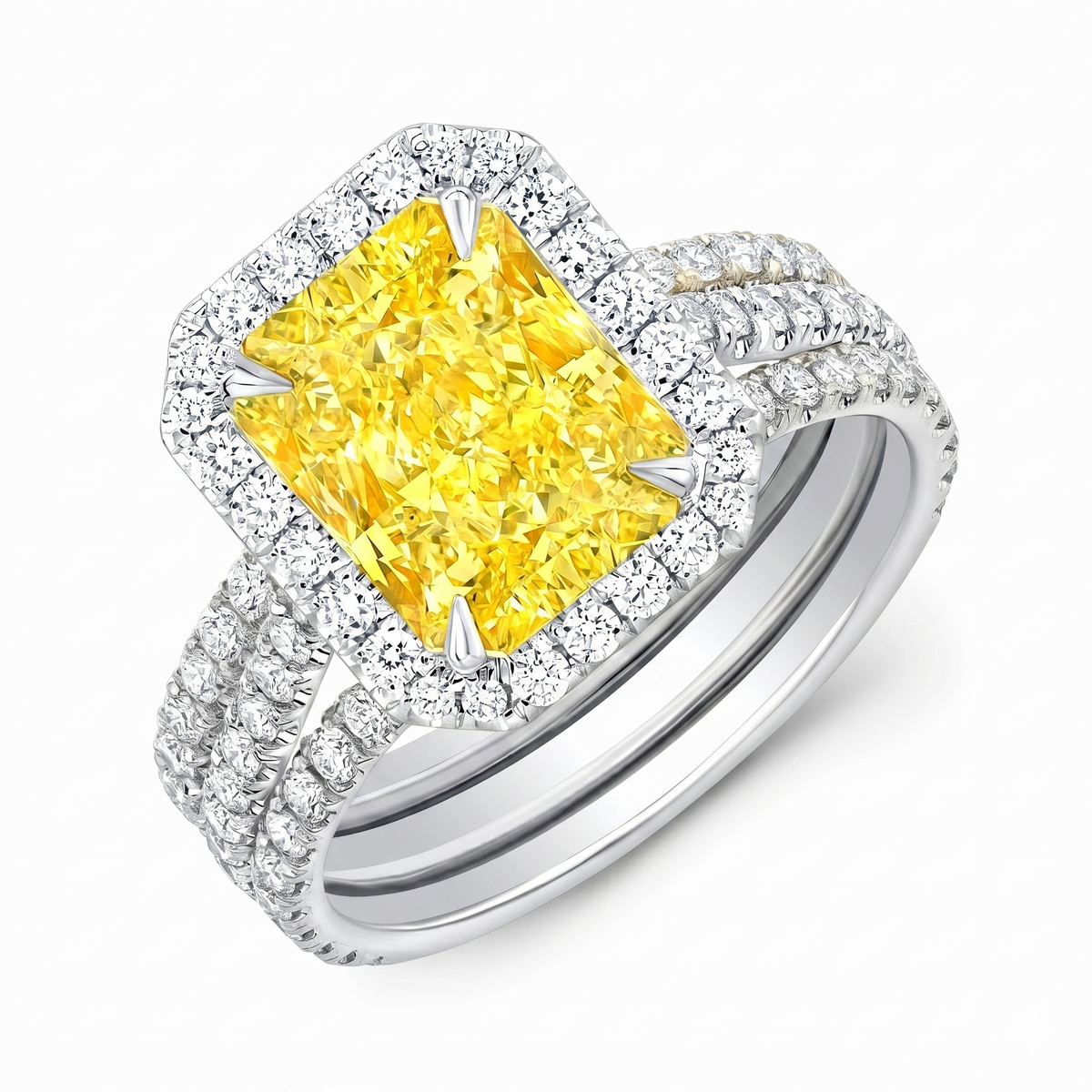 Radiantyellowhalo3rowdiamondringinwhitegold
