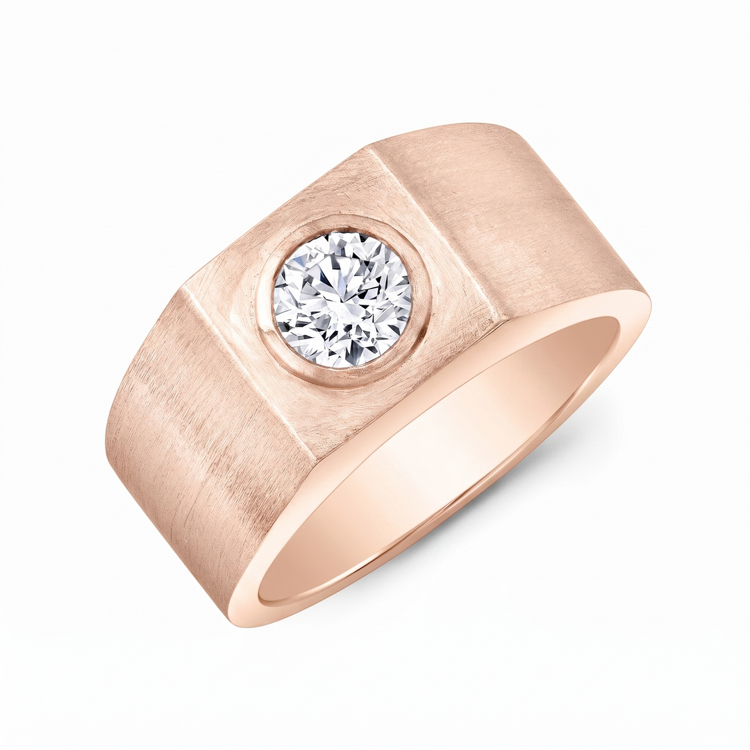 Round diamond Bezel set Men's Ring in rose gold