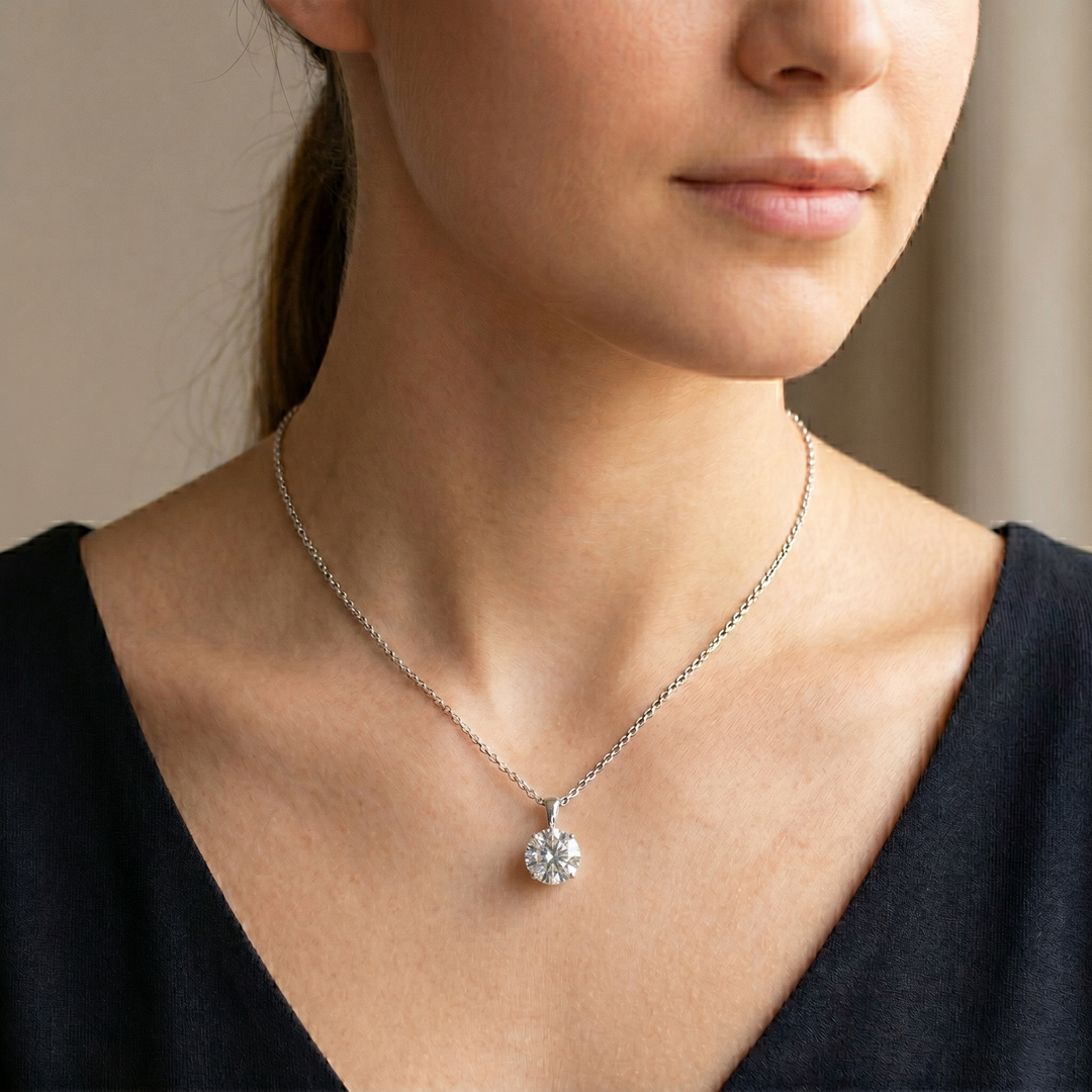 Round Cut martini pendant necklace in white gold on lady model