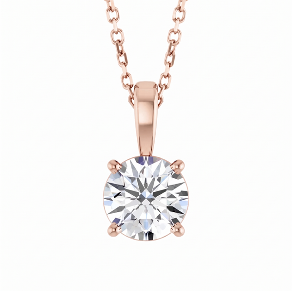Round cut solitaire diamond pendant with chain in rose gold front view