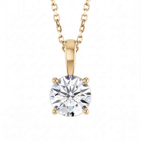 Round cut solitaire diamond pendant with chain in yellow gold front view