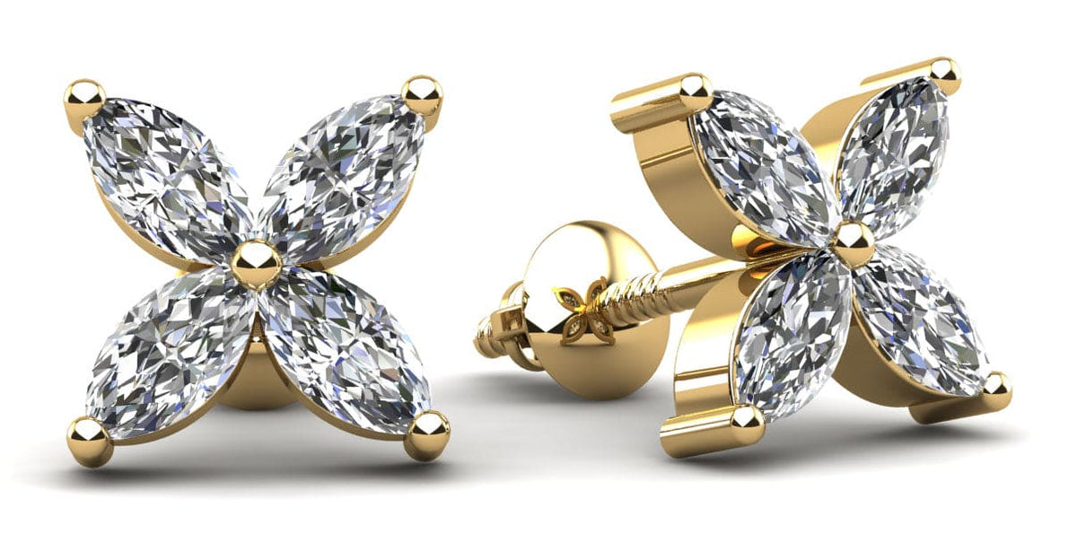 Flower marquise stud earrings yellow gold