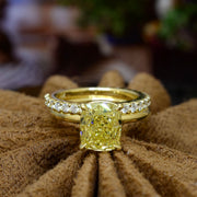 Fancy Yellow Cushion cut yellow gold ring front bridal set with matching band-fron2
