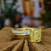 Fancy Yellow Cushion cut yellow gold ring front bridal set with matching band-2