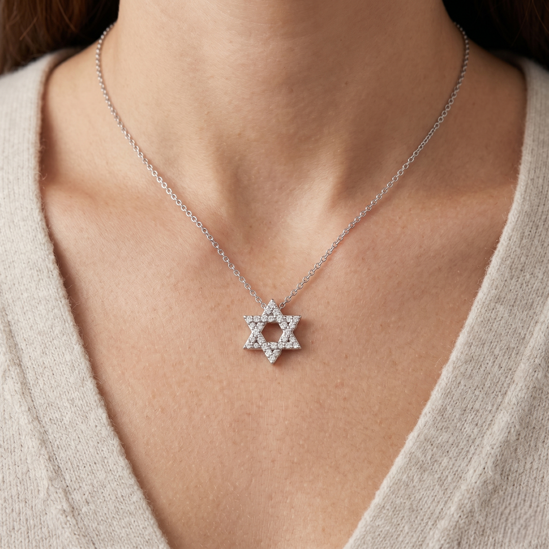 Star of David necklace on a person wearing a beige sweater