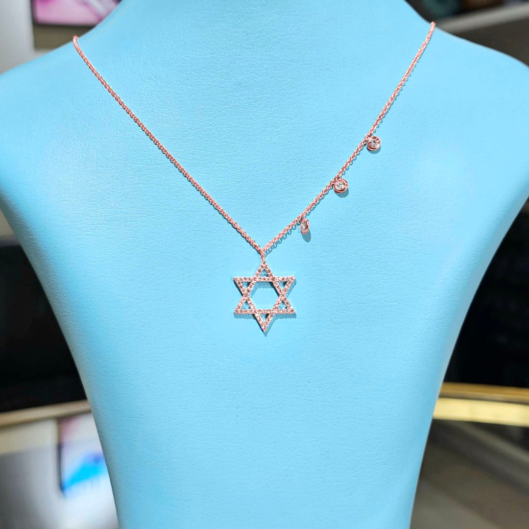 Star of David Diamond Pendant with 3 Bezel Round Cut Gold Necklace