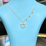 Star of David Diamond Pendant with 3 Bezel Round Cut Gold Necklace