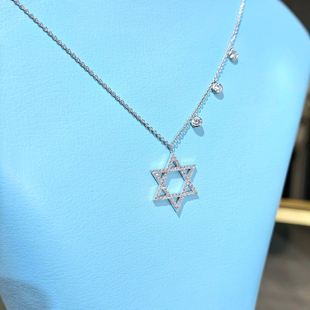 Star of david diamond pendant with 3 bezel round cut gold necklace