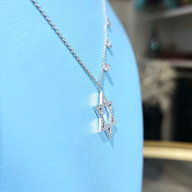 Star of David Diamond Pendant with 3 Bezel Round Cut Gold Necklace