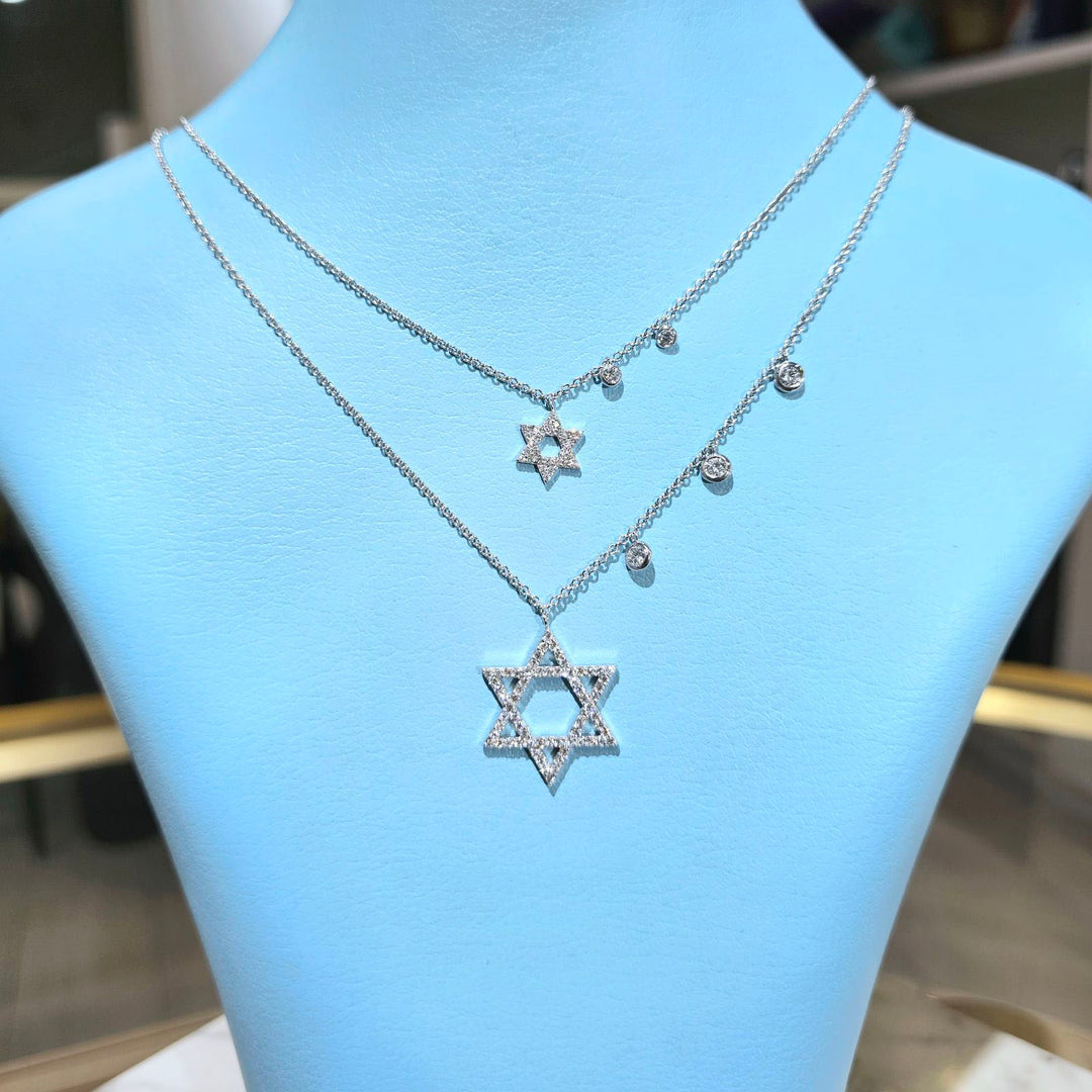 Star of David Diamond Pendant with 3 Bezel Round Cut Gold Necklace