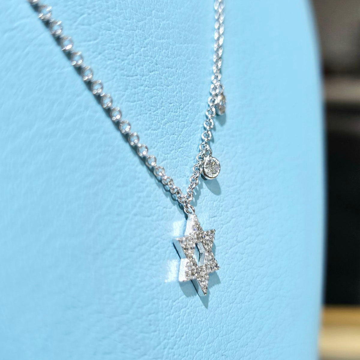 Star of david diamond pendant with 2 bezel round cut small gold necklace