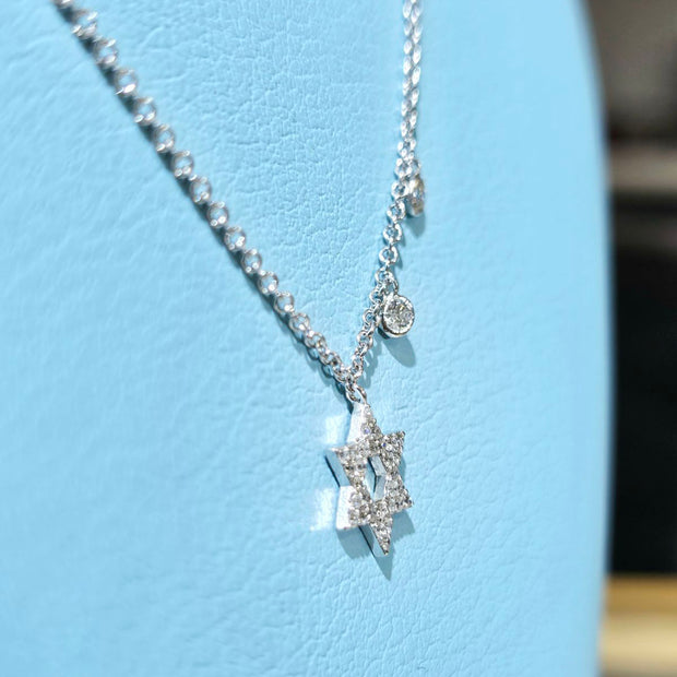 Star of David Diamond Pendant with 2 Bezel Round Cut Small Gold Necklace
