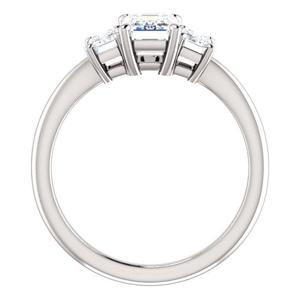 Emerald cut 3-stone diamond ring in white gold side profile