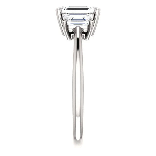Emerald cut 3-stone diamond ring in white gold side view