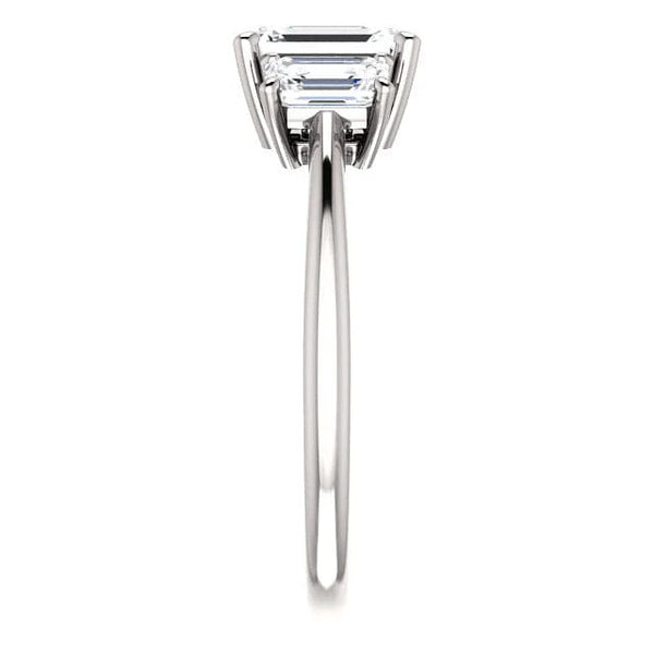 Emerald cut 3-stone diamond ring in white gold side view