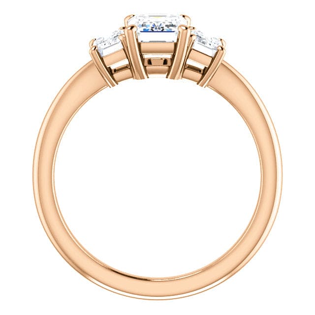 Emerald cut 3-stone diamond ring in rose gold side profile