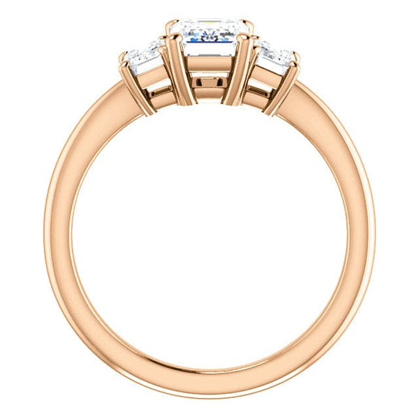 Emerald cut 3-stone diamond ring in rose gold side profile