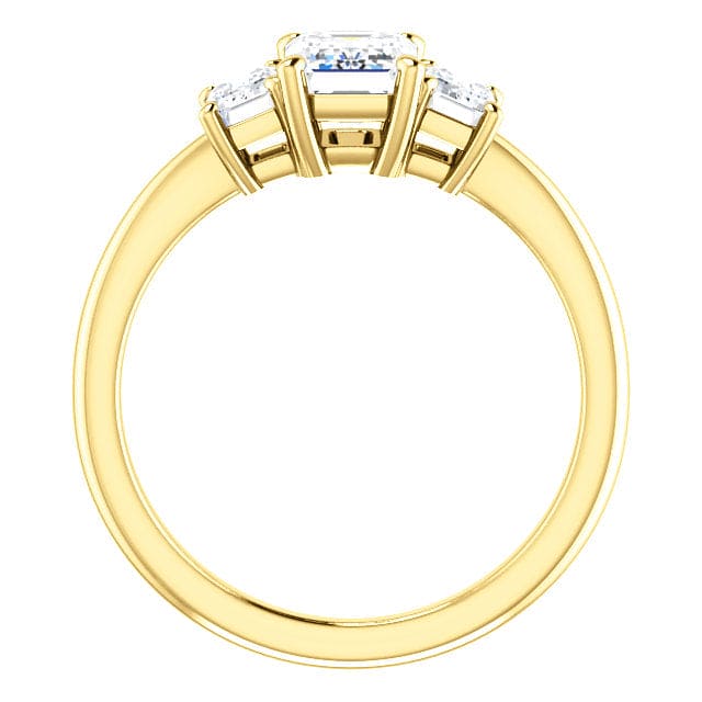 Emerald cut 3-stone diamond ring in yellow gold side profile
