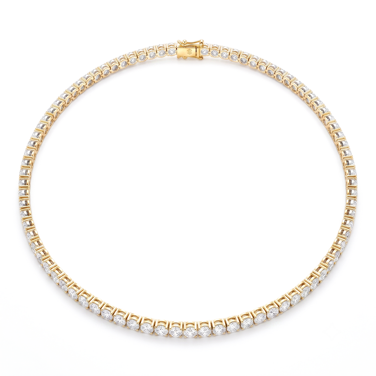 Yellow gold tennis necklace on a white background