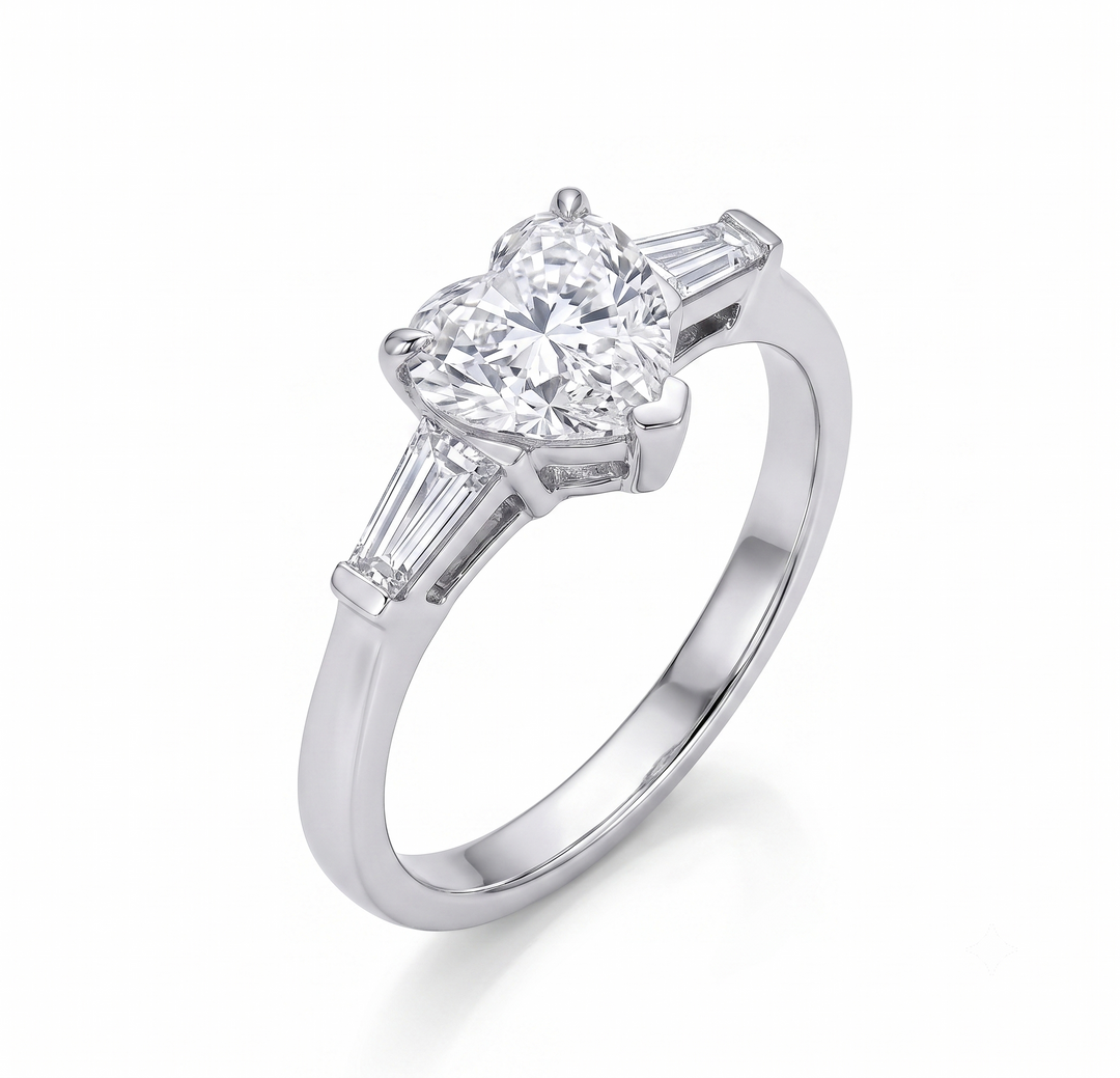 2.30 Ctw Three Stone Heart Shaped Diamond Ring & Baguette G Color VS2 GIA Certified