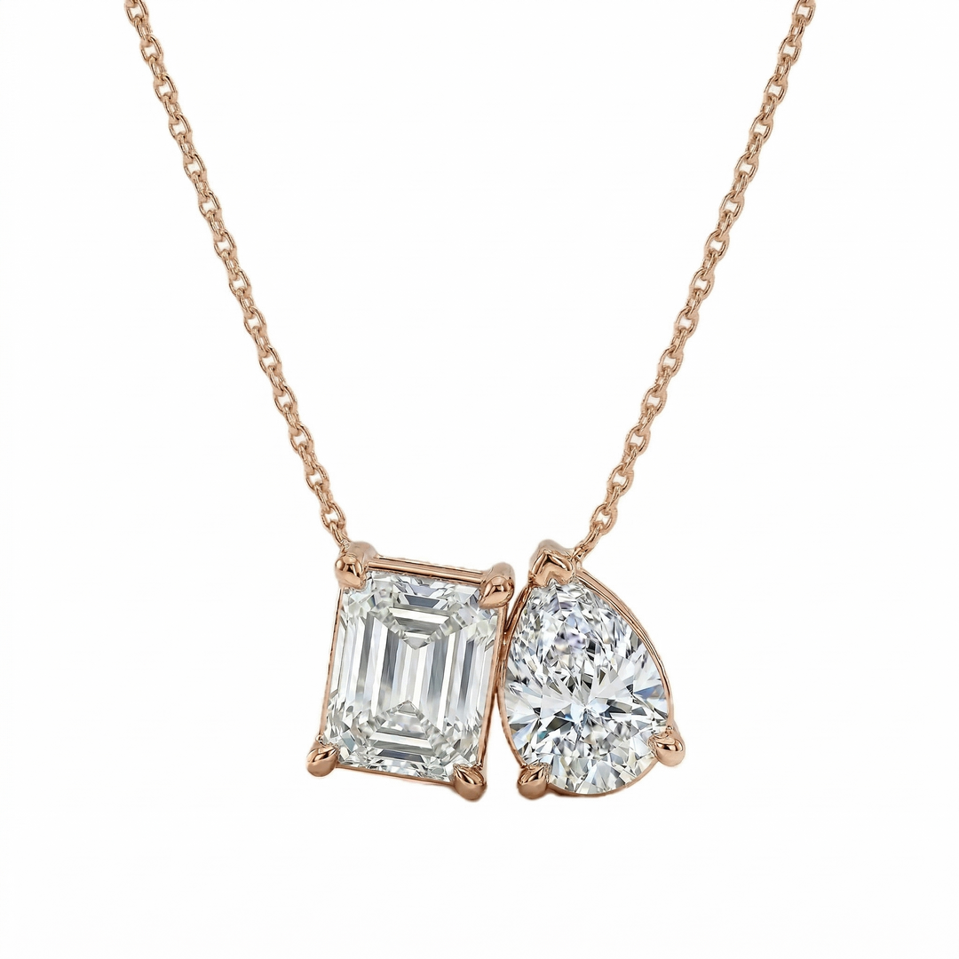 Lab Grown Toi et Moi Necklace Emerald & Pear Diamond IGI Certified