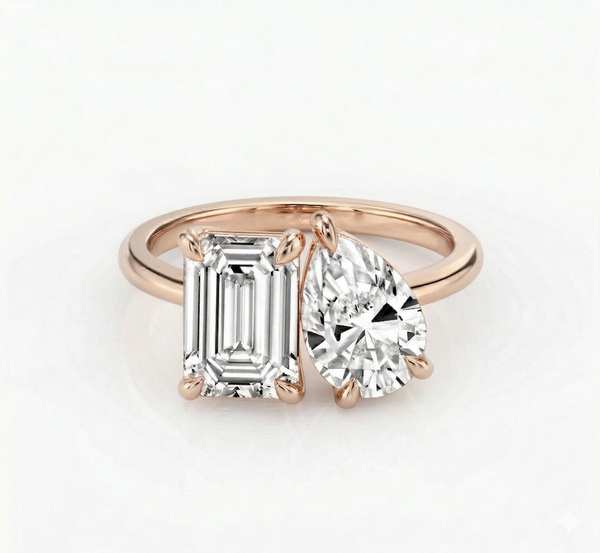 Toi et Moi Emerald & Pear cut diamond ring in rose gold