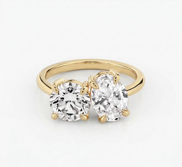 Lab grown oval and round Toi et Moi engagement ring in yellow gold