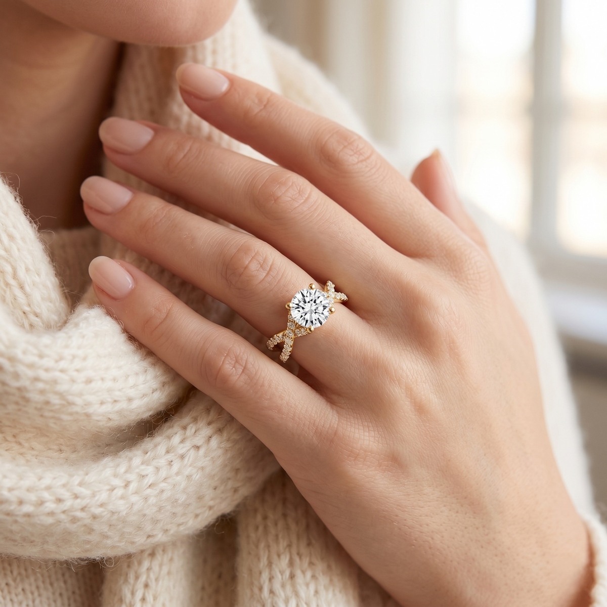 Close up of a hand wearing a diamond ring with a blurred background